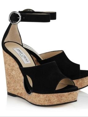 Jimmy Choo Black Suede Cork Platform Wedge Sandals with Ankle Strap